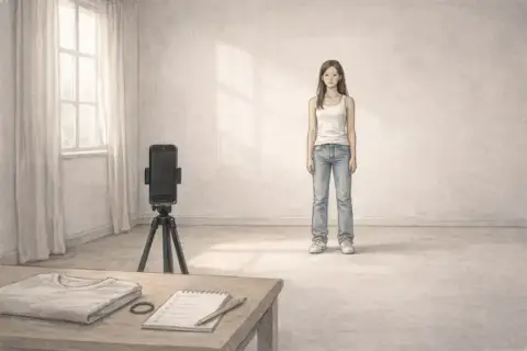 Dziewczyna w białej koszulce i jeansach stoi przed telefonem na statywie.